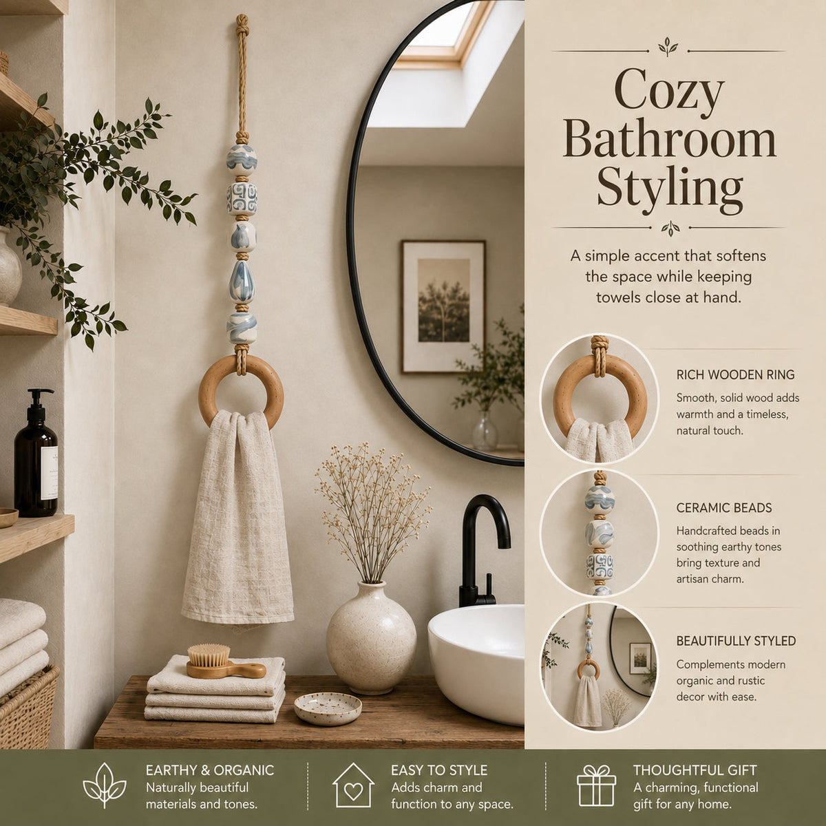 Coastal Blue Beaded Towel Hanger with Wooden Ring