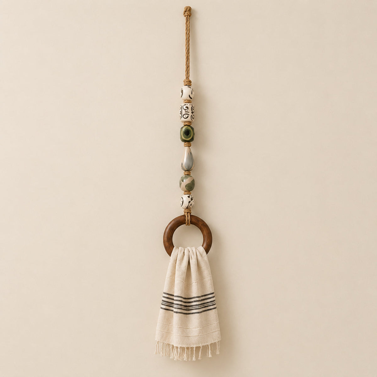 Coastal Blue Beaded Towel Hanger with Wooden Ring