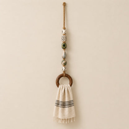 Coastal Blue Beaded Towel Hanger with Wooden Ring