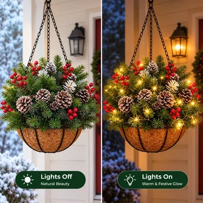 🎄Christmas Hot Sale🔥 Pre-Lit Christmas Hanging Basket | Warm LED Evergreen Décor for Porches, Doors & Entryways ✨