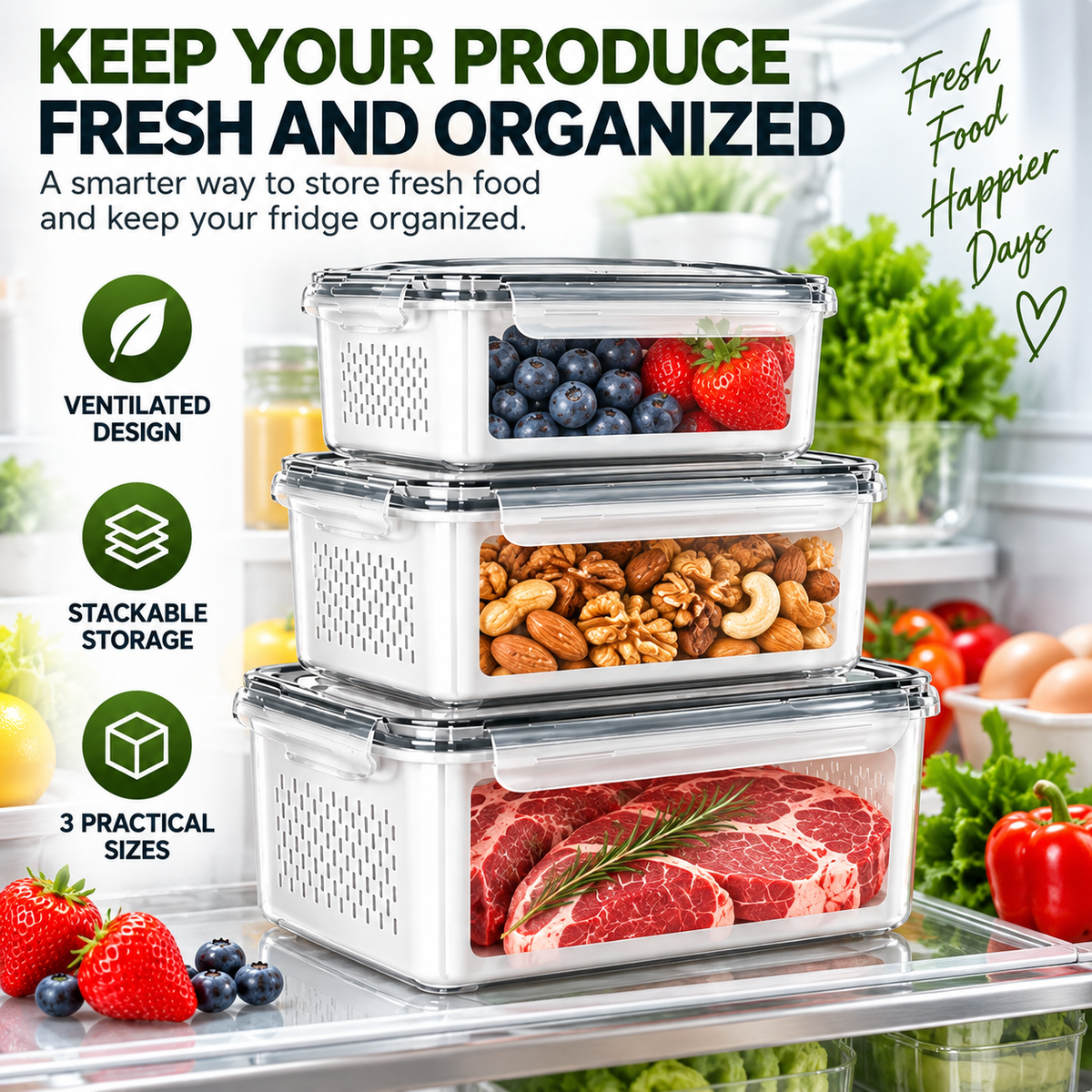 3 Piece Fresh Produce Storage Containers with Ventilated Baskets