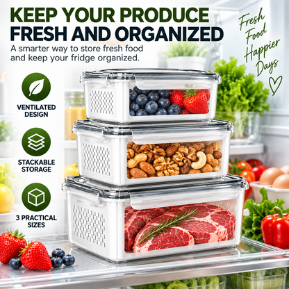 3 Piece Fresh Produce Storage Containers with Ventilated Baskets