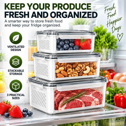 3 Piece Fresh Produce Storage Containers with Ventilated Baskets