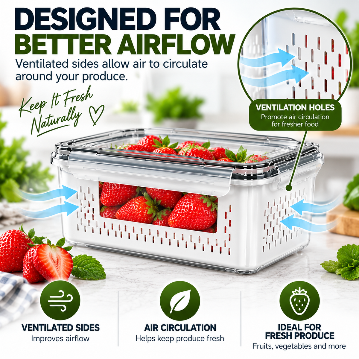 3 Piece Fresh Produce Storage Containers with Ventilated Baskets