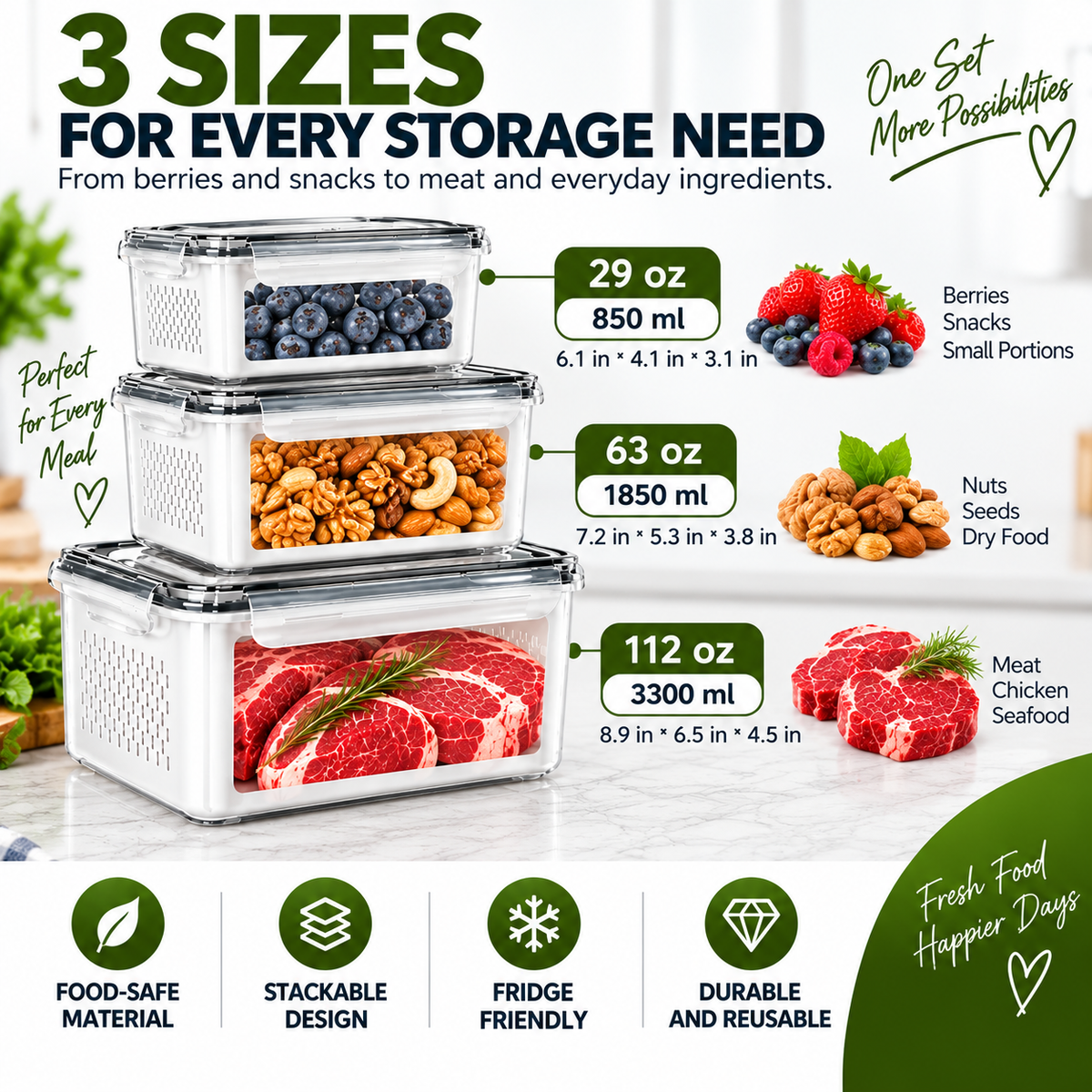 3 Piece Fresh Produce Storage Containers with Ventilated Baskets