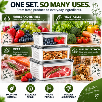 3 Piece Fresh Produce Storage Containers with Ventilated Baskets