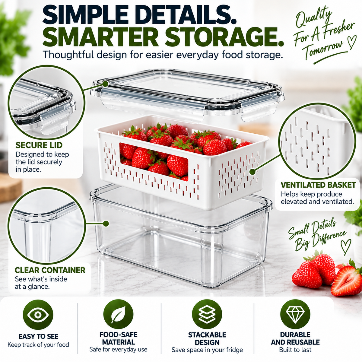 3 Piece Fresh Produce Storage Containers with Ventilated Baskets