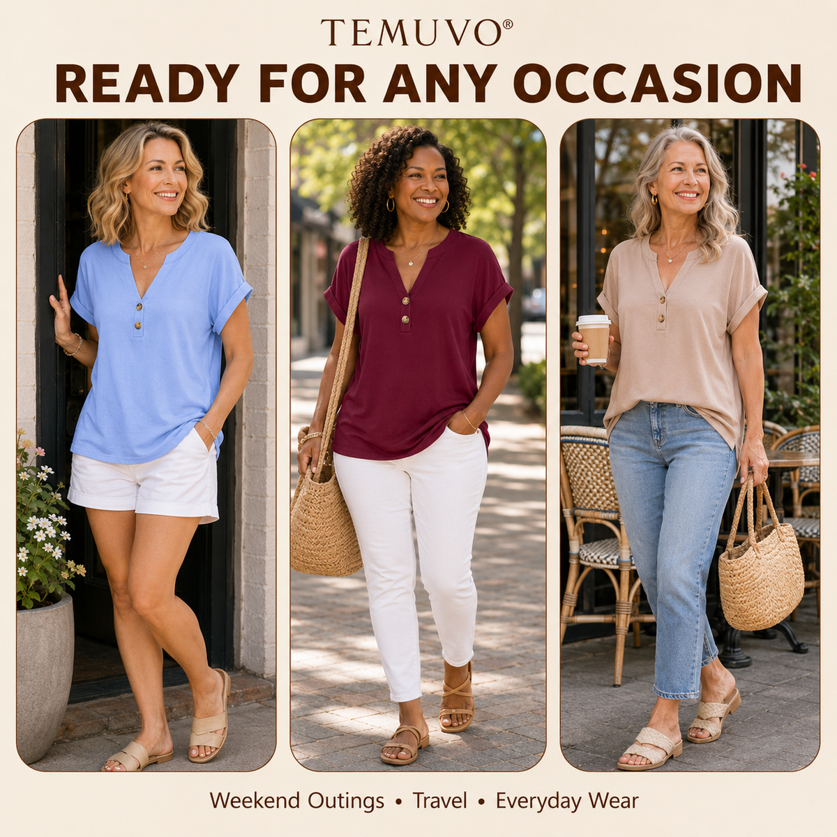 2026 Hot Style Women’s V-Neck Henley Top – Casual Loose Short Sleeve Dressy Blouse & Basic Tee
