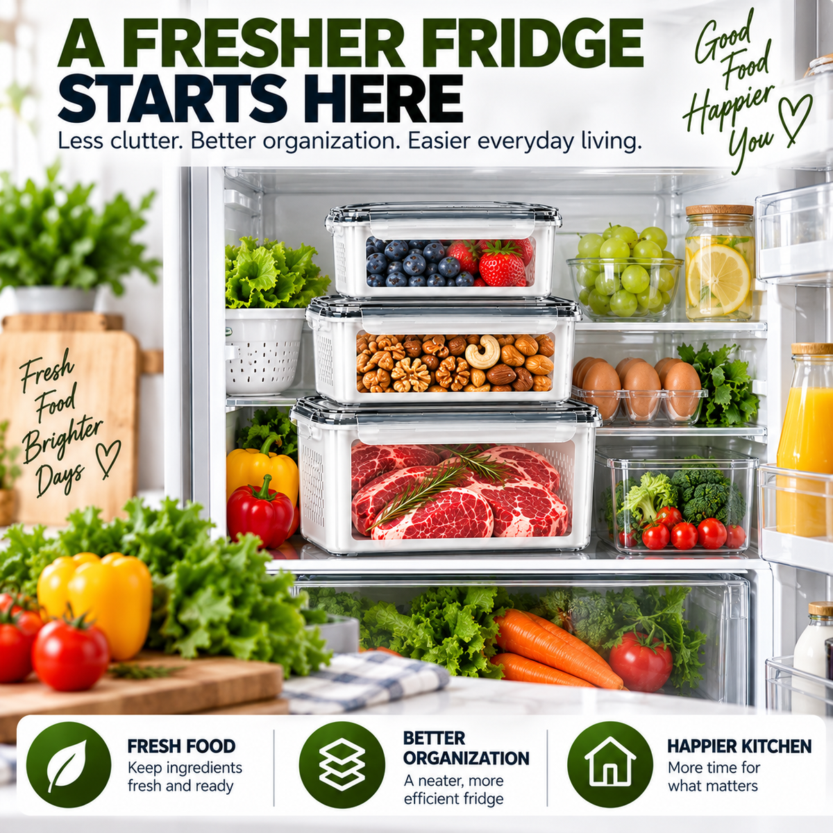 3 Piece Fresh Produce Storage Containers with Ventilated Baskets