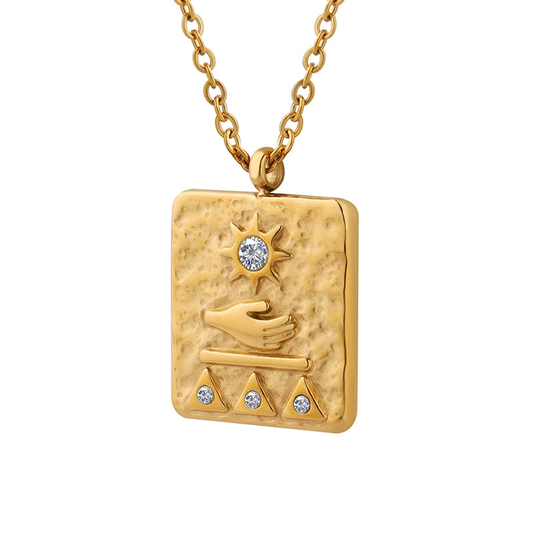 Ancient Egyptian Sun Relief Pendant Necklace – 18K Gold Plated Titanium Steel Zircon Choker