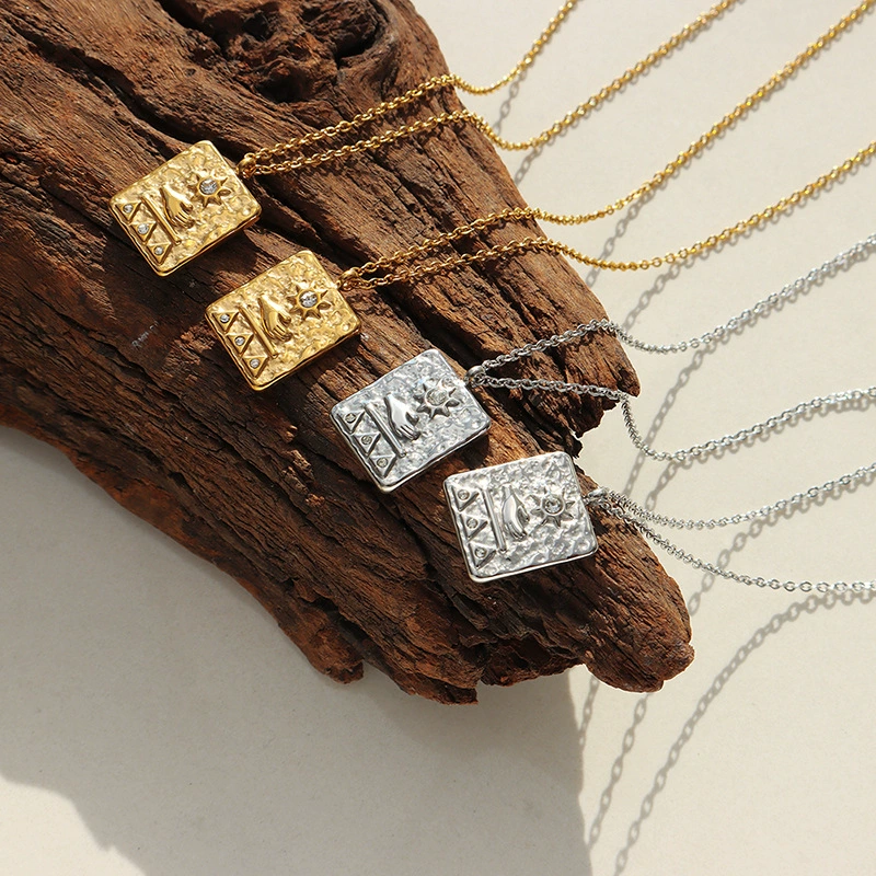 Ancient Egyptian Sun Relief Pendant Necklace – 18K Gold Plated Titanium Steel Zircon Choker