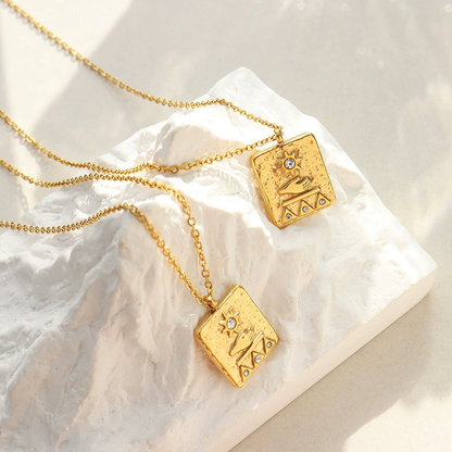 Ancient Egyptian Sun Relief Pendant Necklace – 18K Gold Plated Titanium Steel Zircon Choker