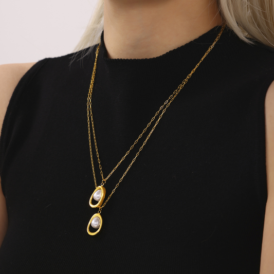 Gold Ingot Pearl Necklace – 18K Gold Stainless Steel Minimalist Lucky Pendant