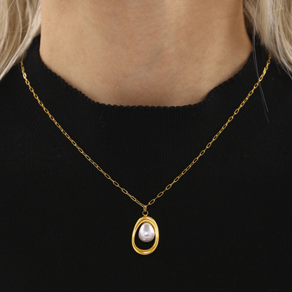 Gold Ingot Pearl Necklace – 18K Gold Stainless Steel Minimalist Lucky Pendant