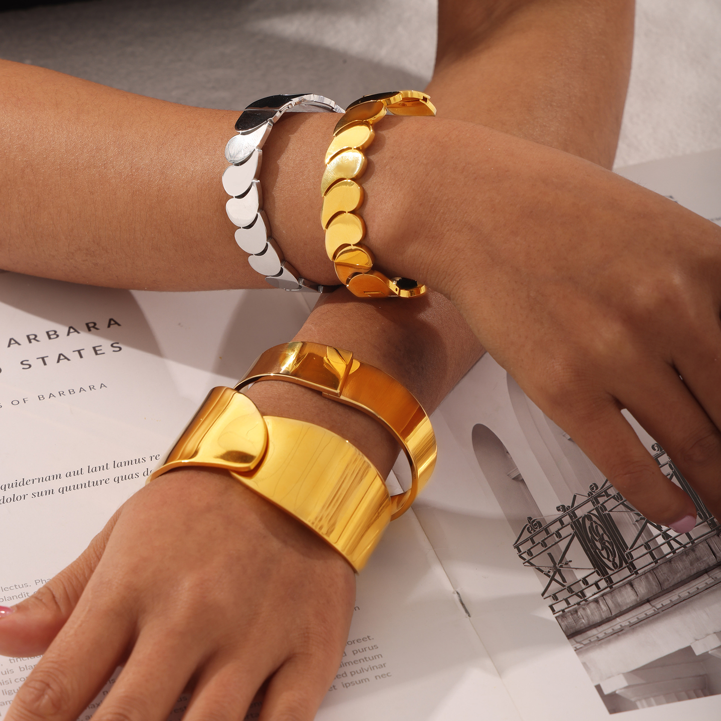 Geometric Layered Bangle Bracelet – Water Drop Design 18K Gold Plated Titanium Steel Jewelry