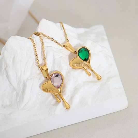 Melting Heart Pendant Necklace – Pink & Green Zircon 18K Gold Plated Titanium Steel Choker
