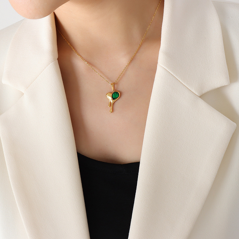 Melting Heart Pendant Necklace – Pink & Green Zircon 18K Gold Plated Titanium Steel Choker