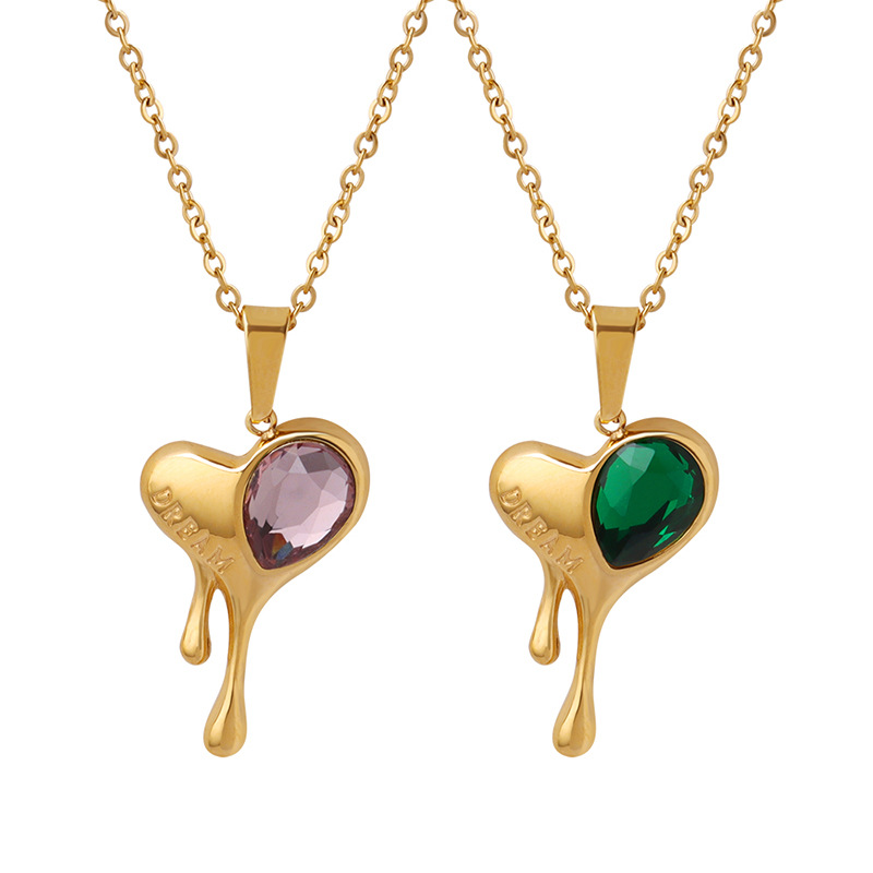 Melting Heart Pendant Necklace – Pink & Green Zircon 18K Gold Plated Titanium Steel Choker
