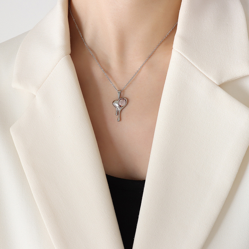 Melting Heart Pendant Necklace – Pink & Green Zircon 18K Gold Plated Titanium Steel Choker