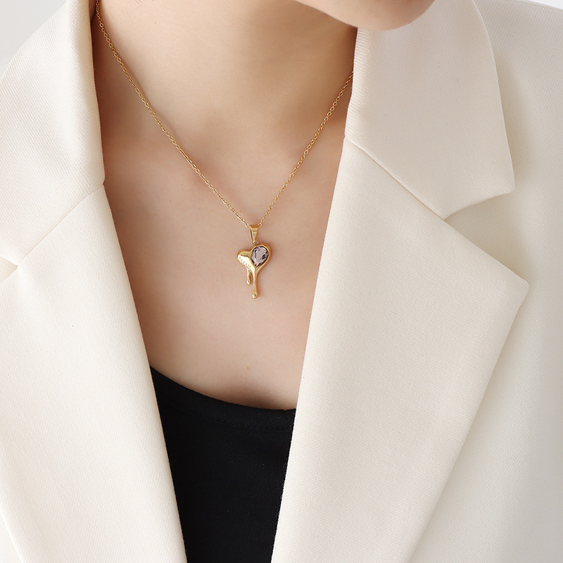 Melting Heart Pendant Necklace – Pink & Green Zircon 18K Gold Plated Titanium Steel Choker