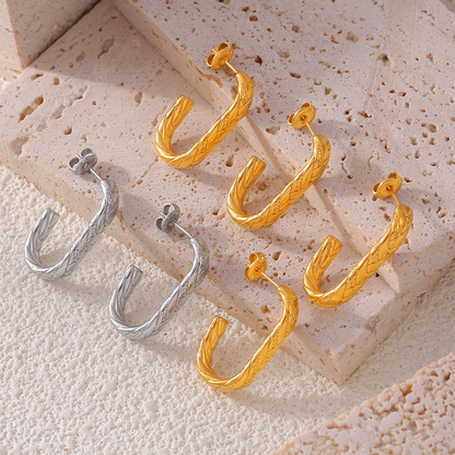 Classic C-Shaped Textured Earrings – 18K Gold Plated Titanium Steel Audrey Style Jewelry