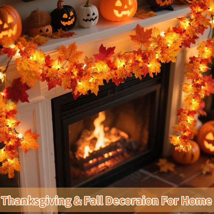 20 FT Lighted Fall Maple Leaf Garland – 40 Warm White LED