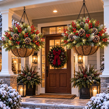 🎄Christmas Hot Sale🔥 Pre-Lit Christmas Hanging Basket | Warm LED Evergreen Décor for Porches, Doors & Entryways ✨