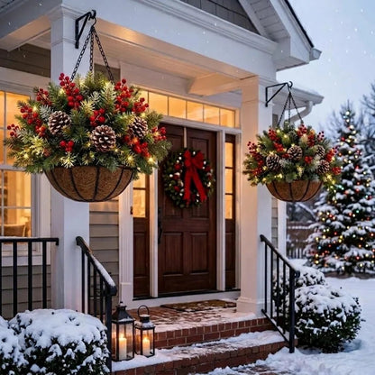 🎄Christmas Hot Sale🔥 Pre-Lit Christmas Hanging Basket | Warm LED Evergreen Décor for Porches, Doors & Entryways ✨