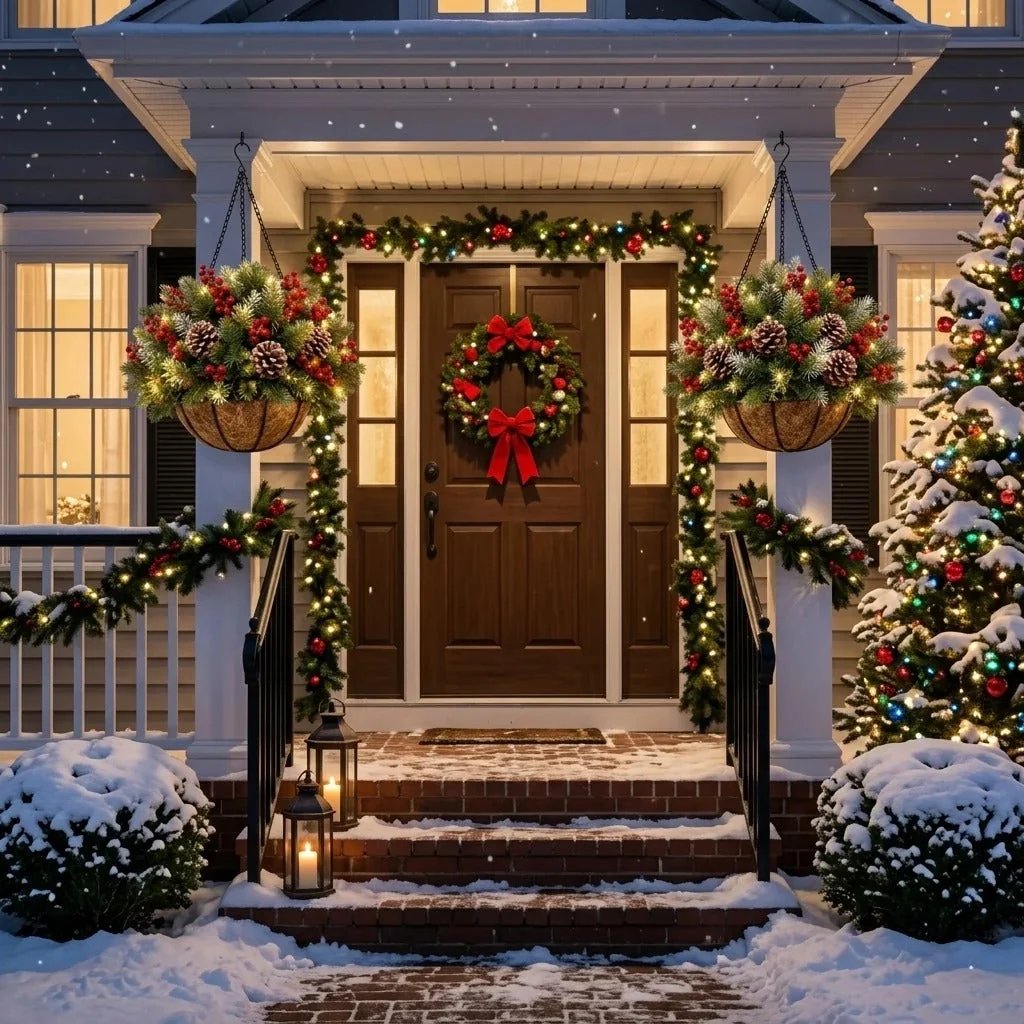 🎄Christmas Hot Sale🔥 Pre-Lit Christmas Hanging Basket | Warm LED Evergreen Décor for Porches, Doors & Entryways ✨