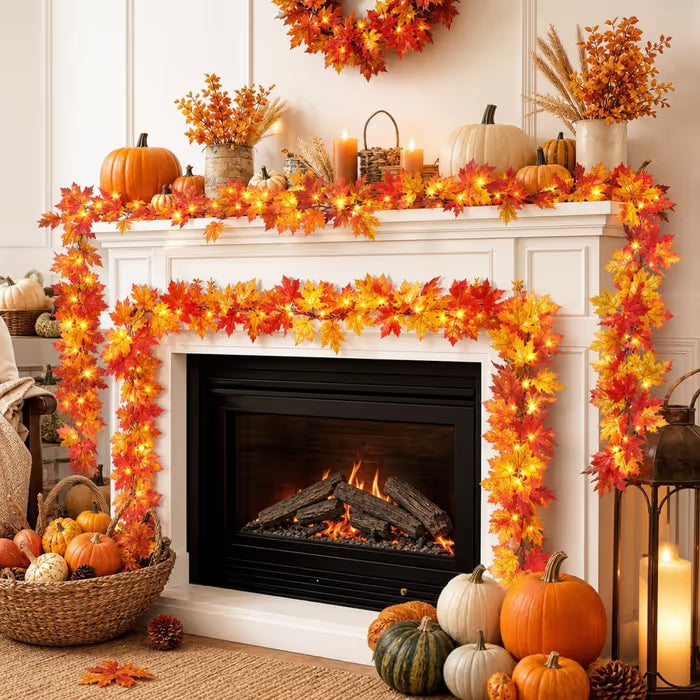 20 FT Lighted Fall Maple Leaf Garland – 40 Warm White LED