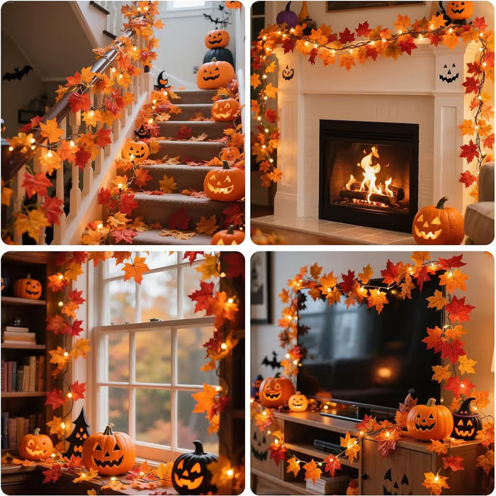 20 FT Lighted Fall Maple Leaf Garland – 40 Warm White LED