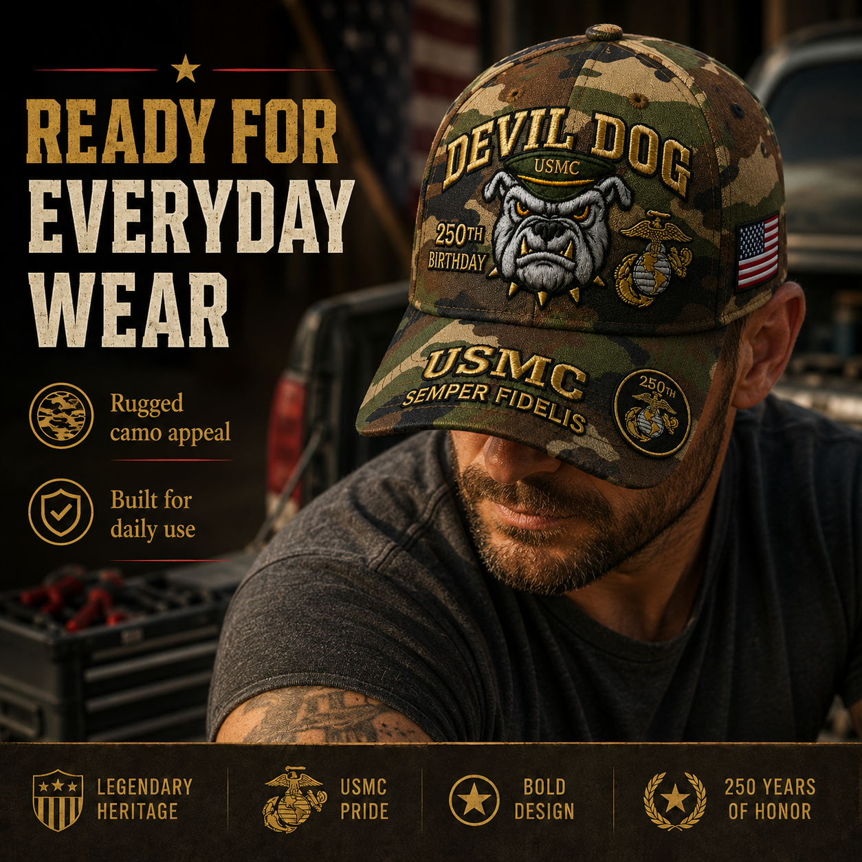 🔥 Father’s Day Sale - ❤️Handmade Devil Dog USMC 250th Birthday Commemorative Cap 🇺🇸