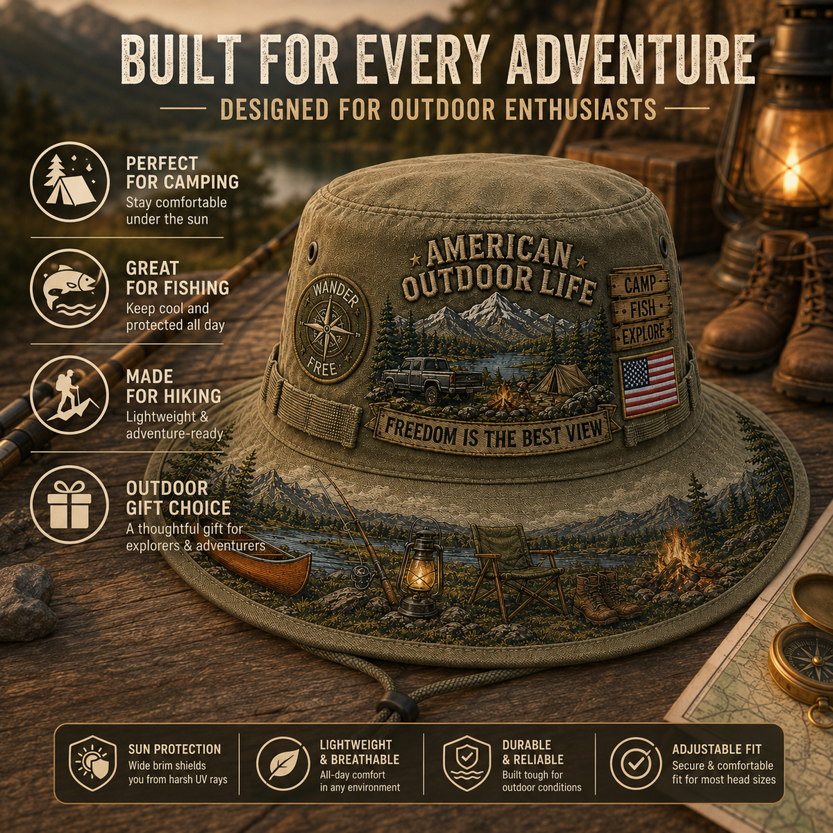 🌄🎣American Outdoor Life Vintage Boonie Hat – Camp, Fish & Explore