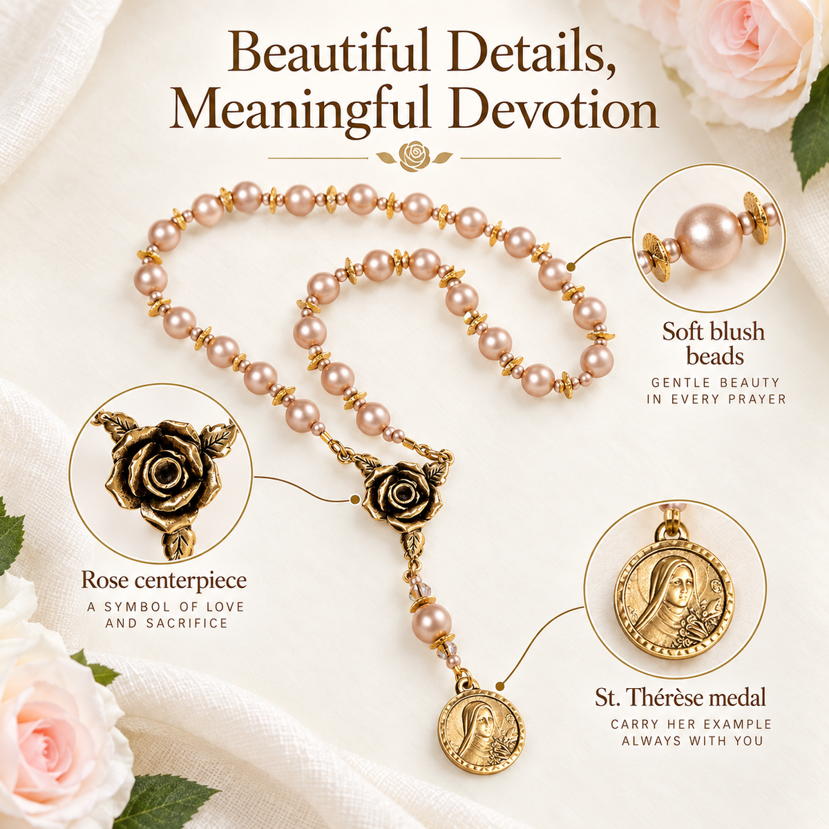 🌹 St. Thérèse “Little Flower” Rose Novena Chaplet – Blush Pearl Prayer Beads