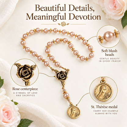 🌹 St. Thérèse “Little Flower” Rose Novena Chaplet – Blush Pearl Prayer Beads