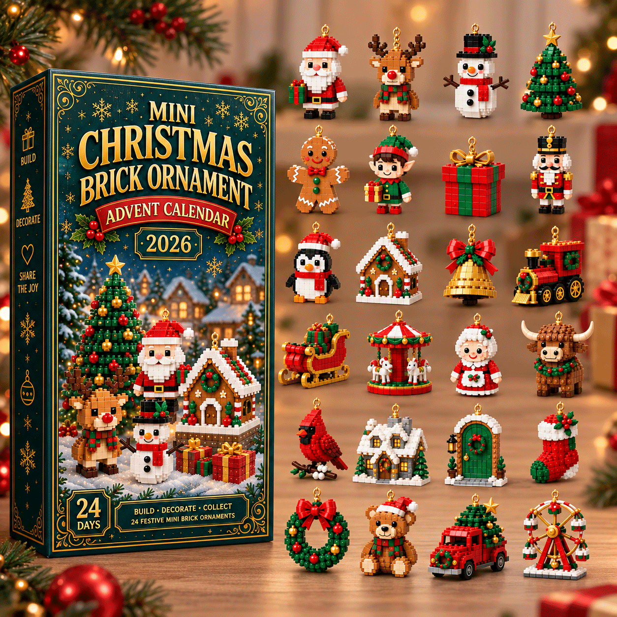 ⏰ Last day to save 49% – 🎄 24-Day Mini Christmas Ornament Advent Calendar | 24 unique festive buildable designs with hanging loops—perfect for decorating Christmas trees, wreaths, and holiday displays 🧱